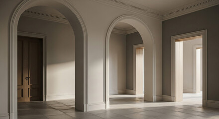 Fototapeta premium Elegant arches and doorways create a serene, light-filled interior space perfect for luxury real estate, architectural design, or upscale living concepts