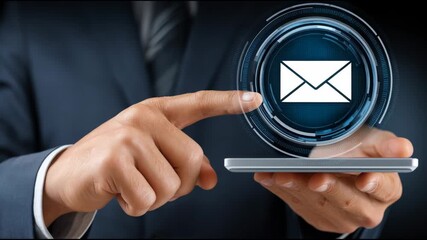 Future business communication focused businessman engaging with digital innovation and future technology through virtual hologram interface for global network - Powered by Adobe