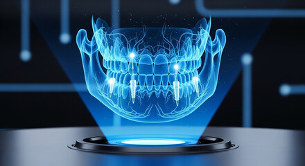 Digital holographic projection human jaw with dental implants, showcasing advanced technology in dentistry and oral healthcare