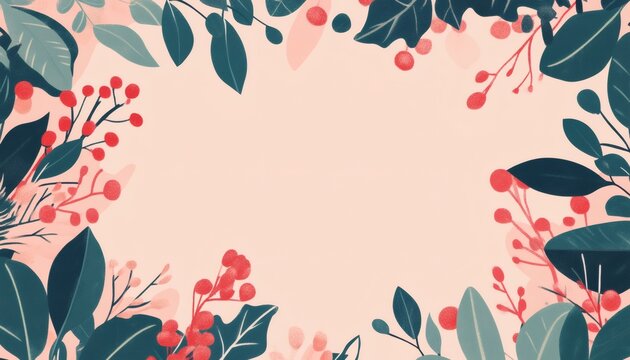 Floral frame with red berries and green leaves on a pink background