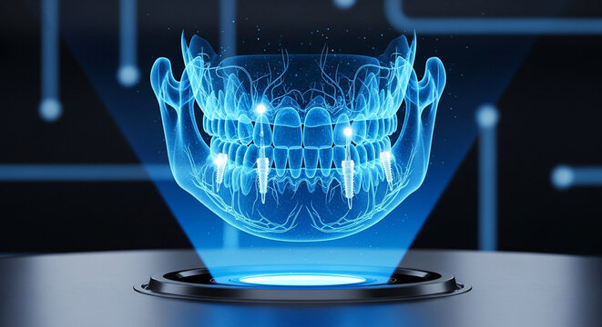 Digital holographic projection human jaw with dental implants, showcasing advanced technology in dentistry and oral healthcare