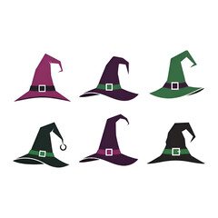Assortment of six witch hats in purple and green, isolated on transparent background