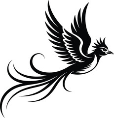 Elegant black bird with flowing tail feathers on transparent background silhouette