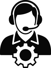 Customer support representative with headset and gear icon on transparent background silhouette