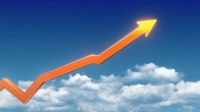 斜め右に伸びるキラキラ輝くオレンジ色の矢印