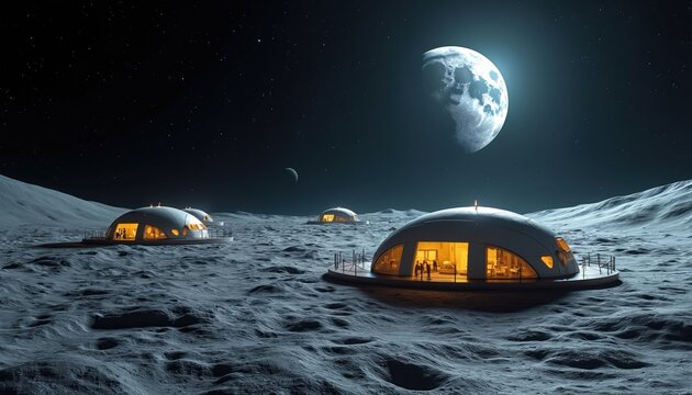 Futuristic lunar bases glow on moon surface. Earth hangs in starry sky above domed habitats. Astronauts inside buildings on lunar landscape.
