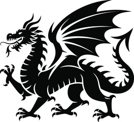 Detailed black dragon illustration with wings claws and scales on transparent background silhouette