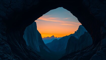 A scenic view of a mountain range framed by a dark cave opening at sunset.