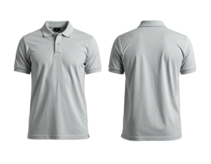 Front and back view of a plain gray polo shirt