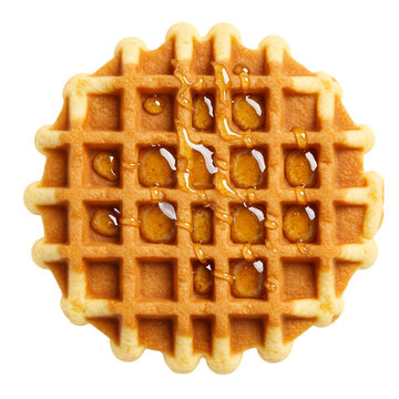 A single waffle with syrup drizzled on top against a black background in a close up shot view on transparent background
