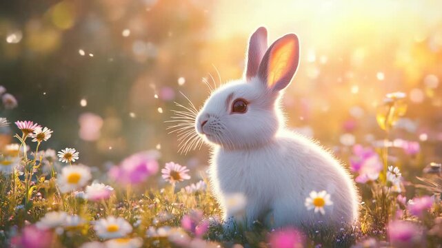 An adorable and fluffy white rabbit hopping around in a vibrant and colorful flower field, bathed in the warm and gentle sunlight, creating a delightful scene that radiates charm and beauty in nature