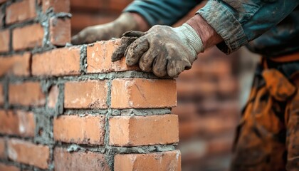 Bricklayer carefully placing a brick into a wall using mortar