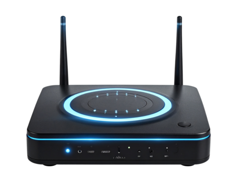 Wireless Router with Blue LED Lights, Front Angle Close-Up PNG