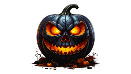 A Carved Halloween Pumpkin with an Evil Glowing Face, Detailed 3D Render, Isolated on Transparent Background