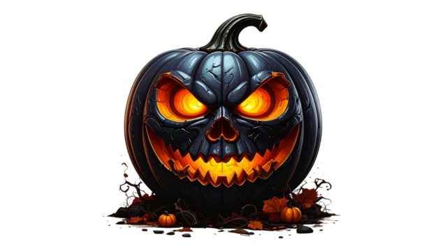 A Carved Halloween Pumpkin with an Evil Glowing Face, Detailed 3D Render, Isolated on Transparent Background