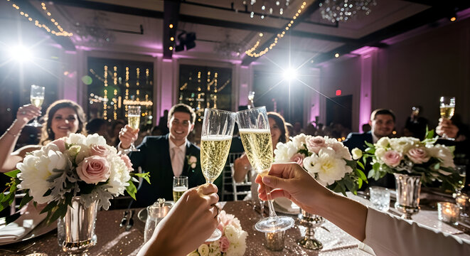 Celebration Toasting With Sparkling Wine Emphasized In A Wedding Reception Gathering