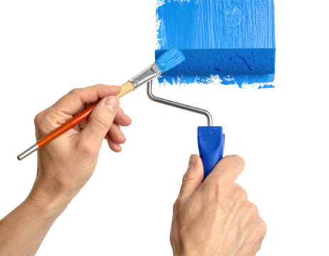 Hands painting with a roller and brush