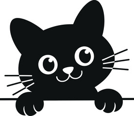 Cute black cat peeking over edge minimalistic design on transparent background silhouette