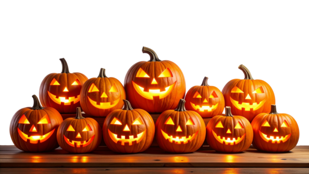 A collection of glowing carved halloween pumpkins with flickering candlelight, isolated on a transparent background