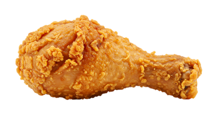 A crispy golden fried chicken drumstick isolated against a solid black background in a studio shot on transparent background