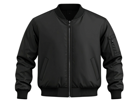 Front view of a black bomber jacket.  Modern design