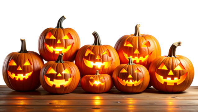 A collection of glowing carved halloween pumpkins with flickering candlelight, isolated on a transparent background