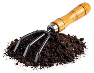A gardening tool, a small metal rake, nestled within a pile of dark rich soil