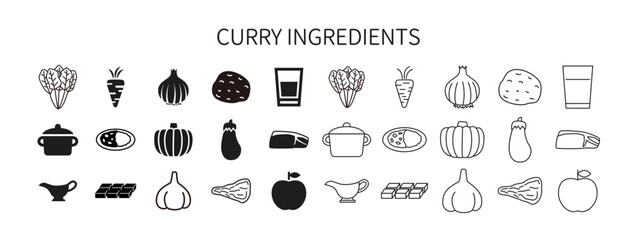 Curry Ingredients Icon Set, Editable Line Icons and Solid Icons