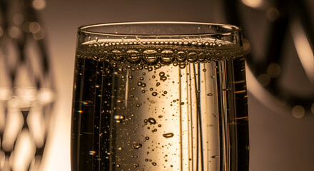 Champagne Glass With Effervescence Showcasing Bubbles And Golden Reflections Perfect For