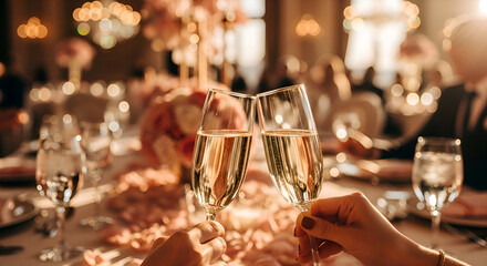 Champagne Toast Celebration, Festive Gathering With Glowing Ambience And Sparkling Drinks