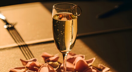 Champagne Glass With Jewelry Resting, Engagement Celebration, And Romantic Evening Occasion