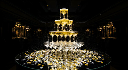 Champagne Tower Cascade: Sparkling Revelry, Luxurious Celebration, Gleaming Arrangement