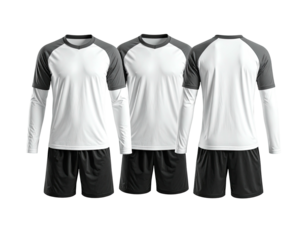 Three white and dark gray athletic jerseys and shorts