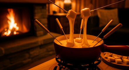 Cheese Fondue Near Fireplace Makes For Relaxing Ambiance Of Cheesy Indulgence
