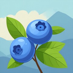 Two blueberries on a branch against a backdrop of mountains and sky.  Vibrant colors, cartoonish style