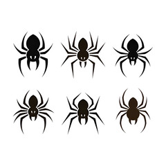 Six black spider icons with detailed legs and bodies, arranged in two rows, isolated on transparent background for halloween