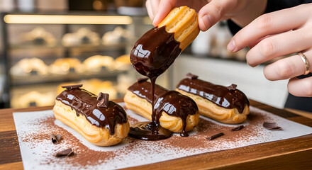 Chef Dipping Freshly Baked Eclairs In Dark Chocolate Sauce For Dessert Enjoyment