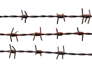 Three parallel rows of rusty barbed wire against a black background