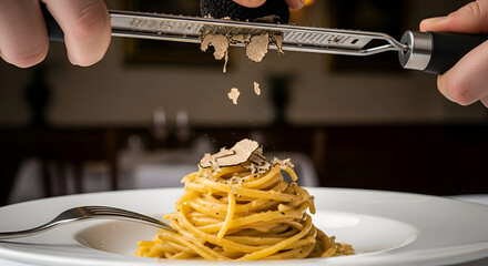 Chef Grating Fresh Truffle Over Spaghetti, Gourmet Dining Presentation, Delicious Meal