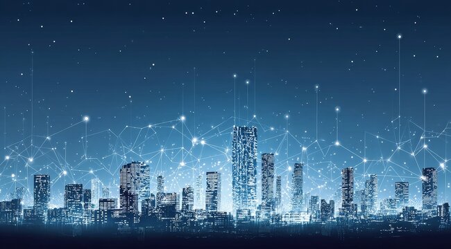 Digital cityscape with interconnected network nodes and illuminated skyscrapers under a starry night sky