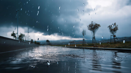 Gloomy rainy weather with heavy clouds, raindrops splashing on the pavement, moody tones &mdash; blured background, with copy space.