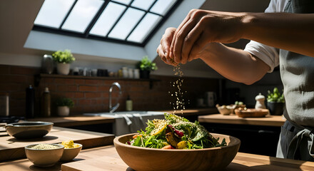 Chef's Culinary Craftsmanship: Seasoning a Fresh Salad in a Bright Kitchen Setting