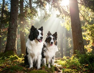 Two border collies in a sunlit forest