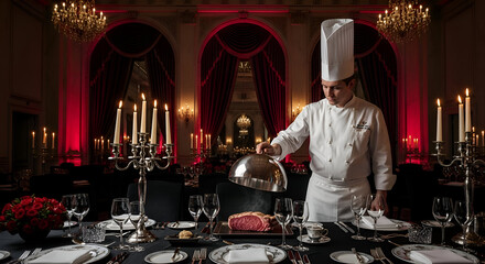 Chef Unveiling Exquisite Dish In Grand Dining Hall With Luxurious Ambiance Atmosphere