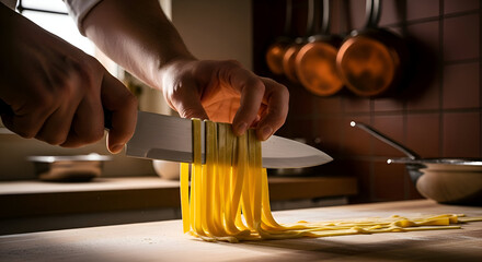 Chef's Manual Skillfully Cutting Homemade Pasta on Wooden Surface in Warm Kitchen