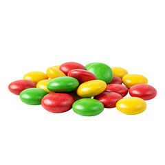 A close up shot of a pile of colorful candy coated chocolates on a black background in studio light on transparent background