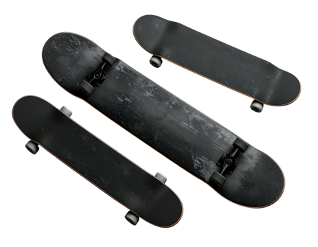 Three skateboards, top-down view, different sizes