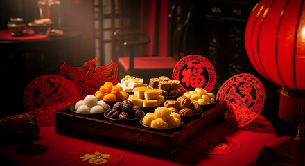 Chinese Lunar New Year Festive Spread of Foods and Decorations Celebration Scene
