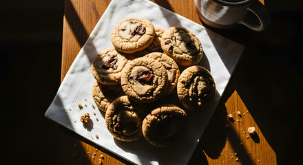 Chocolate Chip Cookies Await Beside A Mug In The Golden Hour, Appealing Light