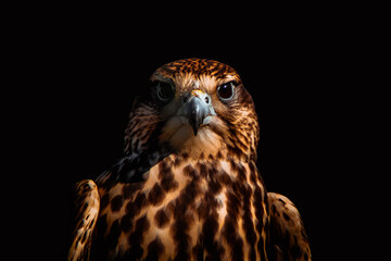 Close-up portrait of a saker falcon (Falco cherrug) staring directly at the camera on a black background
